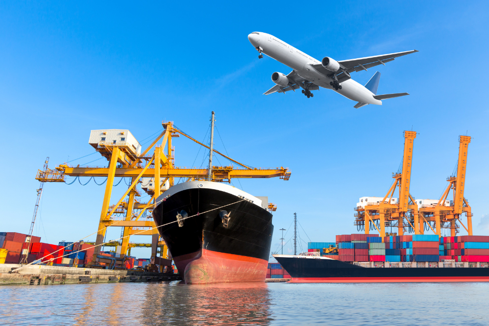 Container port operations with cargo ship and aircraft
